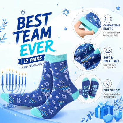 Glitopper 12 Pairs Best Team Ever Gift Socks Bulk - color: Hanukkah, style: Team