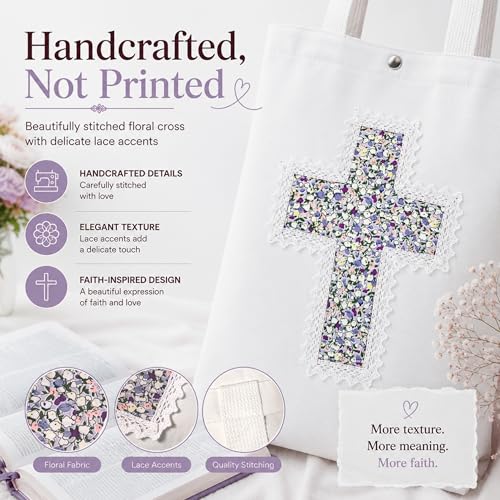 Christian Tote Bag Gift for Women, Canvas Bible Bag Handmade Floral Cross - color: White-lavender Field Floral