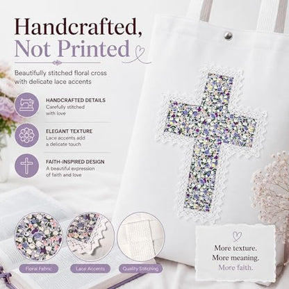 Christian Tote Bag Gift for Women, Canvas Bible Bag Handmade Floral Cross - color: White-lavender Field Floral