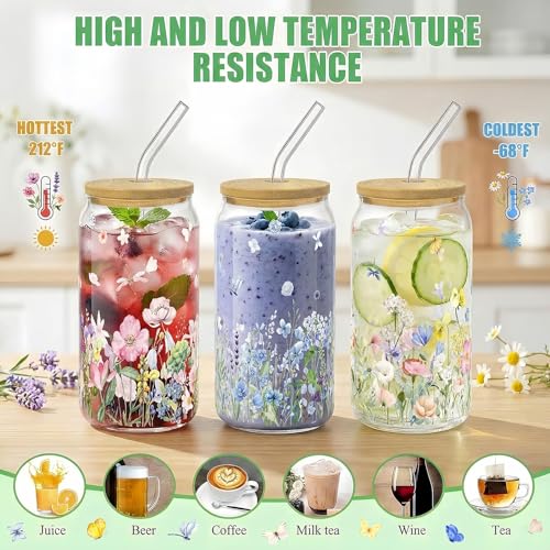 Glass Cups with Lids and Straws, 6Pack, 16oz, Wildflower - style: Wildflower