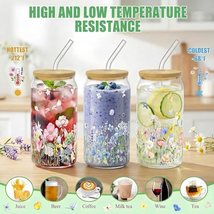 Glass Cups with Lids and Straws, 6Pack, 16oz, Wildflower - style: Wildflower