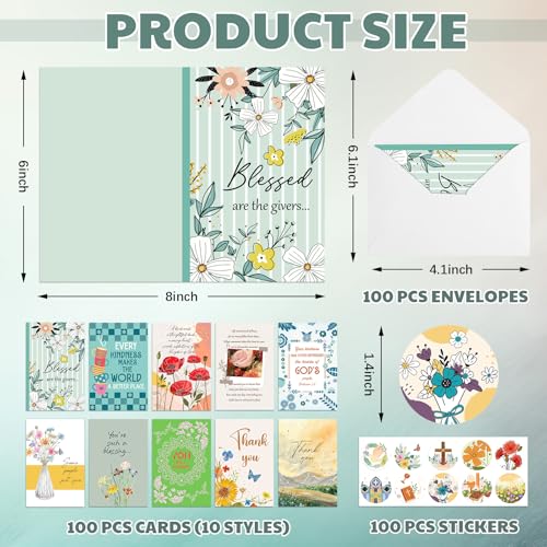 Motiskyy 100 Pack Religious Thank You Cards Bulk 4x6 Inch Christian Appreciation Card with Envelopes Stickers 10 Design Assortment with Scripture Blessings Inspirational Bible Verse(Watercolor)