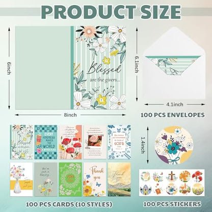 Motiskyy 100 Pack Religious Thank You Cards Bulk 4x6 Inch Christian Appreciation Card with Envelopes Stickers 10 Design Assortment with Scripture Blessings Inspirational Bible Verse(Watercolor)