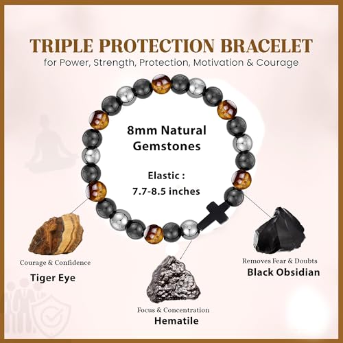 Gifts for Men Bracelets Triple Protection Cross Bracelet 8mm Black Obsidian Hematite Tiger Eye Beaded Natural Stone Bracelets Birthday Jewelry Gifts Cross Christian Gift for Him Husband Son - color: 2--Mix