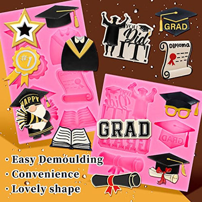 Whaline 2Pcs Congrats 2026 Graduation Fondant Molds Grad Theme 3D Silicone Moulds Bachelors Cap Scroll Resin Molds Graduation Uniform Cupcake Cookie Baking Moulds for 2026 Graduation Party DIY Candy - style: Graduation
