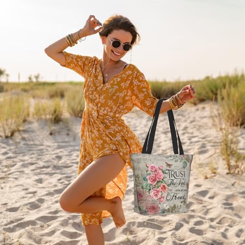 Women's Canvas Tote Bag with Zipper, Large Capacity Shoulder Bag for Work, Travel & Daily Use, Gifts for Mom - color: Trust in the Lord With All Your Heart