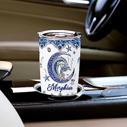 WAZONE Personalized Dolphin Tumbler With Lid Customized Name Jewelry Style Blue Moon Stainless Steel 20oz 30oz Insulated Tea Cup Gift Christmas Birthday for Daughter Women Sister Best Friend - color: Dolphin