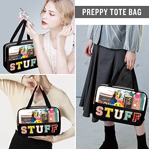 Chenille Letter Clear Makeup Bags Stuff Tote, Preppy Patch Makeup Bag Zipper with Handle, Waterproof PVC & Nylon Portable Glitter Large Cosmetic Travel Toiletry Storage for Women Girls(STUFF-Black) - color: STUFF-Black