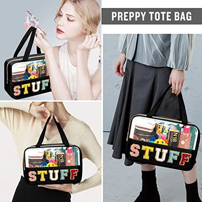 Chenille Letter Clear Makeup Bags Stuff Tote, Preppy Patch Makeup Bag Zipper with Handle, Waterproof PVC & Nylon Portable Glitter Large Cosmetic Travel Toiletry Storage for Women Girls(STUFF-Black) - color: STUFF-Black