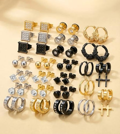 25 Pairs Earrings Set for Men and Women, Black Silver 14K Gold-Plated Mixed Earring Studs Kit Fashion Ear Piercing Jewelry Cross Dangle Hoop