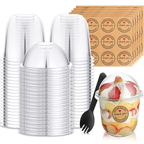 Cunhill 50 Pack Dessert Cups with Dome Lids Disposable Plastic Cups with Lids Clear Pet (No Hole), Sporks and Stickers for Plastic Fruit, Cake and Mini Snack Bowls(12 oz,Simple Cup) - size: 12 oz