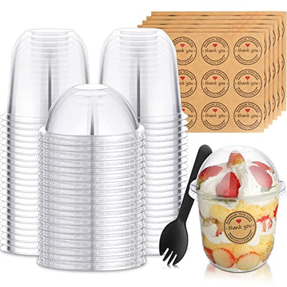 Cunhill 50 Pack Dessert Cups with Dome Lids Disposable Plastic Cups with Lids Clear Pet (No Hole), Sporks and Stickers for Plastic Fruit, Cake and Mini Snack Bowls(12 oz,Simple Cup) - size: 12 oz