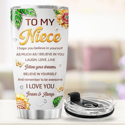 To My Niece 20oz Insulated Tumbler with Sunflower Design, Inspirational Birthday Gift for Niece from Aunt or Uncle, Stainless Steel Vacuum Cup for Graduation, Christmas, Valentine's Day - color: Niece Love