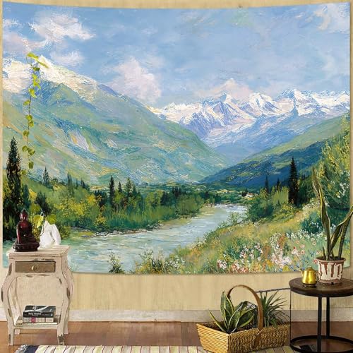 Haibimen Monet Tapestry Wall Hanging Nature Landscape Snow Mountain River Tapestries for Bedroom Watercolor Aesthetic Wallpaper Decor for Living Room, Dorm (Green 1, 48''×36'') - color: blue, size: 48"L x 36"W