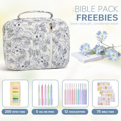 Bible Bag Cover Case for Women Study Supplies Kit Church Book Holder - color: Big Blue Flower