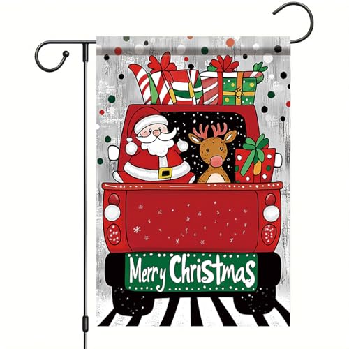 Christmas Garden Flag Merry Christmas Red Truck Santa Reindeer Gifts 12x18 Inch Double Sided Outdoor Yard Banner for Holiday Winter Porch Patio Lawn Rustic Farmhouse Seasonal Home Decoration - color: Red Truck Santa Reindeer Gifts