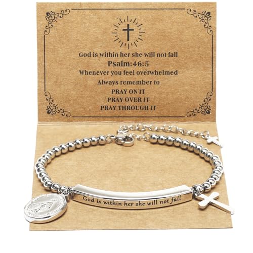 DS Women Christian Charm Bracelet,Cross Scripture Stainless Steel Jewelry - style: God is Within Her She Will Not Fall-Silver
