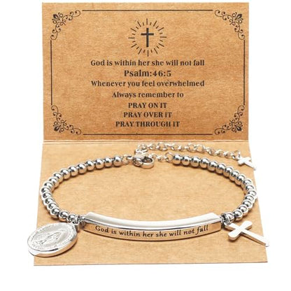 DS Women Christian Charm Bracelet,Cross Scripture Stainless Steel Jewelry - style: God is Within Her She Will Not Fall-Silver