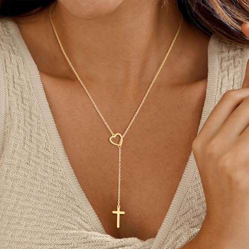 Cross Necklace for Women, Dainty 14K Gold Plated Cross Pendant Simple Long Necklaces for Women, Christian Faith Necklace Trendy Gold Jewelry Gifts for Easter - color: fixed gold heart infinity cross necklace