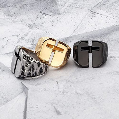 Men's Stainless Steel Ring Cutout Christian Cross Statement Signet Rings - color: gold