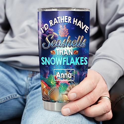 Personalized I'd Rather Have Seashells Than Snowflakes Tumbler Cup With Lid Custom Name Seashell Insulated Travel Mug Coffee Stainless Steel Gift Ocean For Beach Lover Women Men - color: Seashell