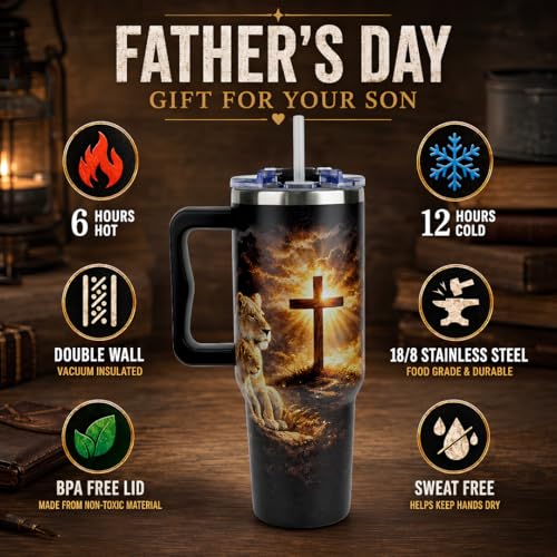 To My Son Gifts from Mom, Fathers Day Gift For Son, Graduation Birthday Gifts For Son, 40 Oz Coffee Tumbler With Handle, Adult Son Coffee Mug, Christian Lion Cross - color: Gifts for Son