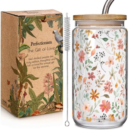 Floral Iced Glass Cups with Bamboo Lids and Straws 16oz Wildflower Coffee Cup Gift for Women Cute Flower Drinking Glass with Cleaning Brushes, Flower Gifts for Mother 's Day Birthday Bridesmaid Party