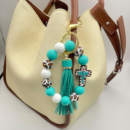 Beaded Keychain Wristlet Silicone Cross Elastic Wrist Key Ring Tassel Bangle Key Chains for Car Key Bracelet Women - color: Leopard Turquoise