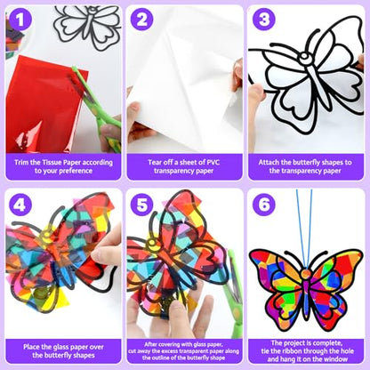 Lonfliness 32 Sets Butterfly Suncatcher Craft Kit DIY VBS Window Stain Glass Effect Paper Butterfly Sunday School Classroom Decors Spring Easter Art Craft Creative Activity Project Kid Gift Favor - style: Butterfly