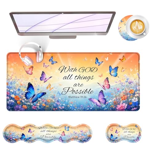 Large Keyboard Mouse Pad Set, Extended Mouse Pad+Keyboard Wrist Rest Support, Memory Foam Ergonomic Easy Typing, 4Pcs (31.5×11.8 in) Desk Pad Set for Office Home,Bible Verse Flower Butterfly - color: Bible Verse Flower Butterfly-2-13