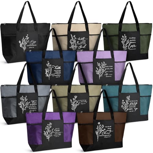 Paterr 10 Pcs Christian Tote Bags Bulk with Pocket Zipper for Women Religious Gifts Bags for Church Bible Study(Fresh Color,Boho) - color: Fresh Color, style: Leaf Bible