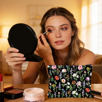 2 Pack Canvas Tote Bag with Makeup Zipper Pouch Colorful Polyester Printed Reusable Shopping Bags for Women - style: Black Flower