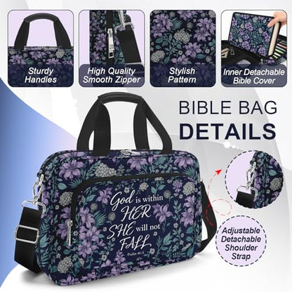 Lilac Bible Cover Case for Women with Shoulder Strap & Handle Zipper Pocket, Large Bible Bag with Study Supplies Journaling Kit Book Carrying Case, Pens Highlighters Cross Clips Tabs - color: Purple Lilac
