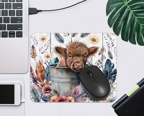 OFlich Highland Cow Mouse Pad - Floral, 9.5x7.9 Inch, Reddish Brown, Polyester & Polyurethane, Non-Slip Base, Office & Gaming - color: Cow 5