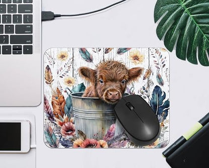 OFlich Highland Cow Mouse Pad - Floral, 9.5x7.9 Inch, Reddish Brown, Polyester & Polyurethane, Non-Slip Base, Office & Gaming - color: Cow 5
