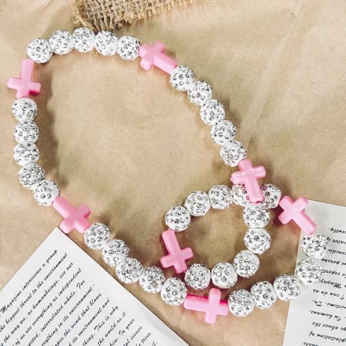 Baseball Bead Cross Necklace for Boys Kids, Elastic Rhinestone Bling Necklace Drip Gifts for Teens Players - color: Pink Cross/White