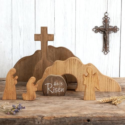 Glintoper Empty Tomb Easter Scene and Cross Decoration, 7pcs Wooden Easter Resurrection Scene Cross Jesus Tomb Tray Set, Tabletop Christian Gifts Jesus Nativity Scene Decor for Religious Home Office - size: 7 PCS