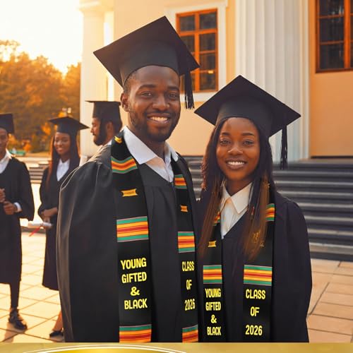 Geyoga Graduation Stole Kente Stole Black Authentic African Art 72" x 4.8" for Adult College Unisex Grads Celebrate - style: Young Gifted & Black