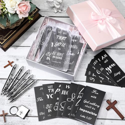 200 Pcs Christian Gift for Women Christian Accessories Include 50 Bible Verses Notebook 50 Church Bookmark 50 Ballpoint Pen Organza Bag Gift for Christmas Church Motivational (Black,White) - style: Black,White