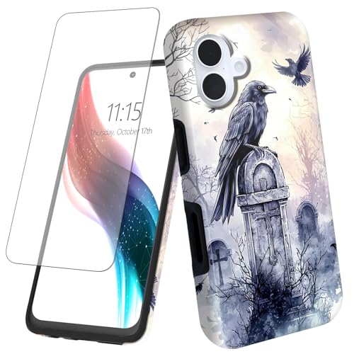 for iPhone 16 Phone Case 6.1" with Screen Protector Art Raven Design for Women Men Hybrid Dual Layer Hard PC Shell Soft TPU Silicone Wireless Charging Shockproof Protective Cover - color: Art Raven, size: for iPhone 16 6.1"