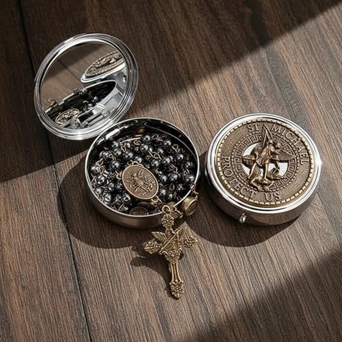 Nazareth Store St Michael Rosary Hematite Stone Beads Necklace Metal Beaded Glory Beads Archangel Medal & Cross with Metal Gift Box - color: Bronze | St.Michael Cross