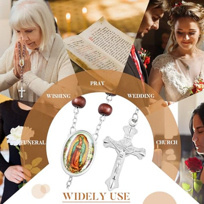 Taiyin 36 Pcs Wooden Bead Rosary Necklace with Crucifix and Our Lady of Guadalupe Scented First Communion Rosary with 36 Organza Bags Baptism Favors Catholic Gift for Men Women - color: Brown