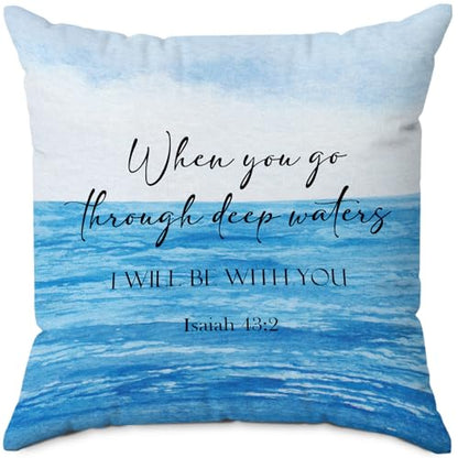 Coastal Beach Christian Throw Pillow Covers 18x18 Inch, Blue Ocean Beach Bible Verse Decorative Pillow Cover for Bedroom Living Room Couch Sofa, Religious Accent Pillows Cover Pillowcases