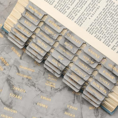 Leather Bible Tabs, Bible Tabs for Women and Men(Gold Foil Lettering) Large Print Stickers, Easy to Read and Apply, 66 Chapters & 14 Blank Labels for Easy Navigation, Bible Study Supplies(Grey Marble) - style: Leather Grey Marble