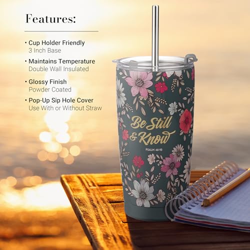 Christian Art Gifts Psalm 46:10 Teal Floral Stainless Steel Travel Tumbler - color: Be Still/Dark Teal Floral