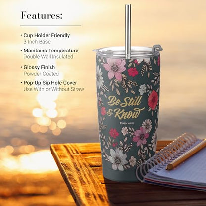 Christian Art Gifts Psalm 46:10 Teal Floral Stainless Steel Travel Tumbler - color: Be Still/Dark Teal Floral