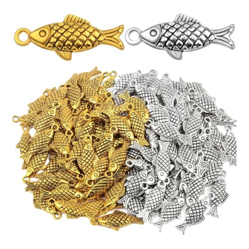 100Pcs Fish Charm Pendant, Antique Gold & Antique Silver Alloy Sea Animal Fish Shape for Jewelry Making DIY Necklace Bracelet Earring Craft Supplies