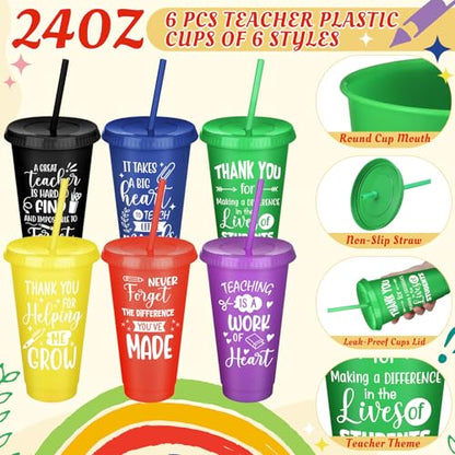 Funnymoom 24 Pcs Teacher Appreciation Gift from Students 2026 End of Year Thank You Gifts Bulk 24 oz Plastic Tumbler Cup Makeup Cosmetic Bag Crew Sock Keychain for Retirement - style: Vibrant