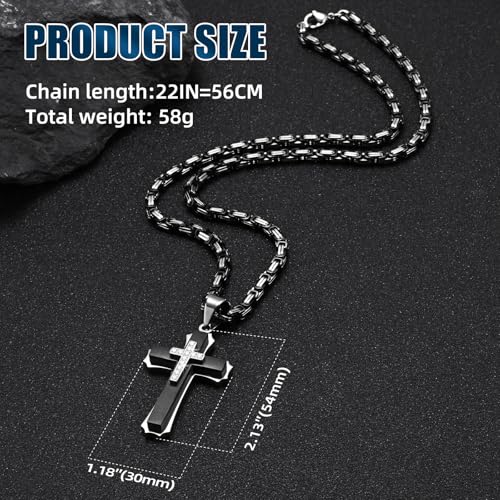 FLHEART Byzantine Cross Necklace for Men, Black Silver Stainless Steel Cross Chain Pendant Necklace Masculine Chunky Sturdy Mens Christian Jewelry Gift 22/24 Inch - color: Black-Cubic Zircon, size: 22In