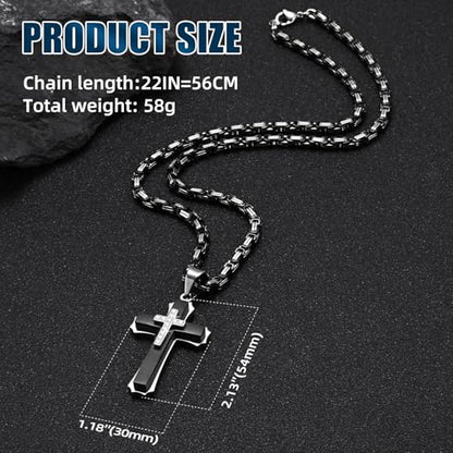 FLHEART Byzantine Cross Necklace for Men, Black Silver Stainless Steel Cross Chain Pendant Necklace Masculine Chunky Sturdy Mens Christian Jewelry Gift 22/24 Inch - color: Black-Cubic Zircon, size: 22In